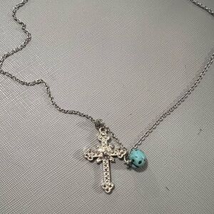 Silver Cross Pendant Necklace with Turquoise Accent